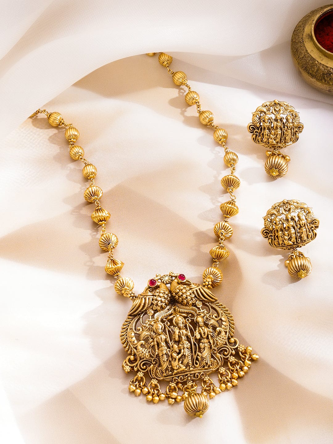 Rubans 22K Gold-Plated Ruby Studded God & Peacock Motifs Golden Beaded Temple Necklace Set Jewellery Set