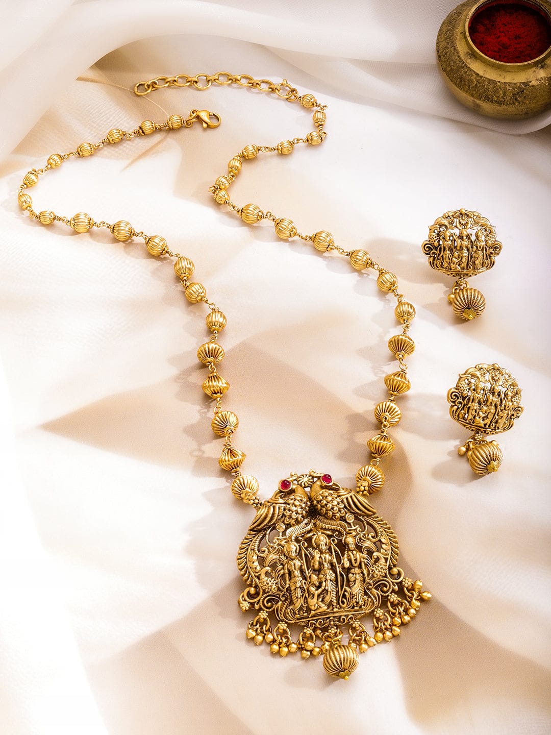 Rubans 22K Gold-Plated Ruby Studded God & Peacock Motifs Golden Beaded Temple Necklace Set Jewellery Set