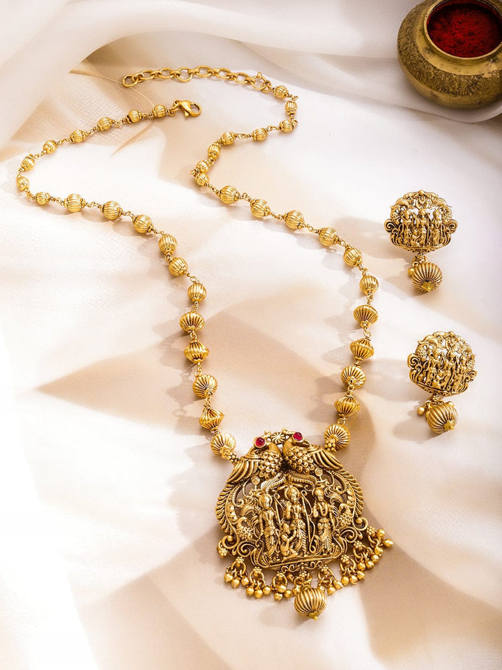 Rubans 22K Gold-Plated Ruby Studded God & Peacock Motifs Golden Beaded Temple Necklace Set Jewellery Set