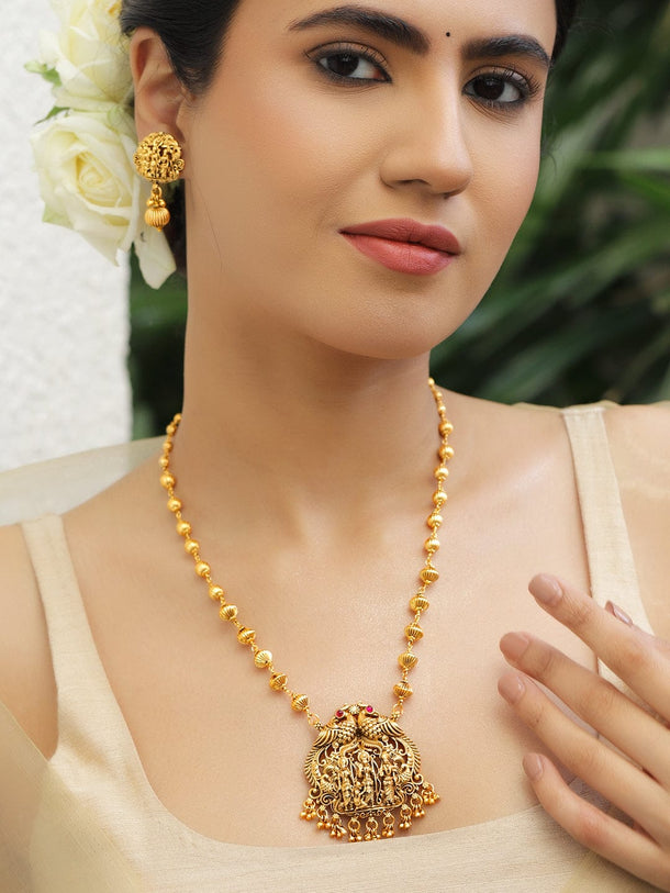 Rubans 22K Gold-Plated Ruby Studded God & Peacock Motifs Golden Beaded Temple Necklace Set Jewellery Set