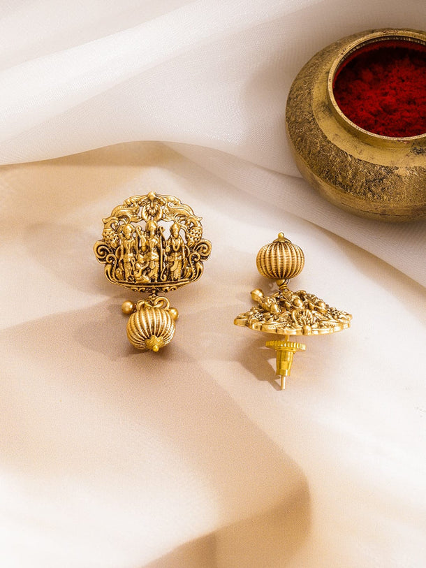 Rubans 22K Gold-Plated Ruby Studded God & Peacock Motifs Golden Beaded Temple Necklace Set Jewellery Set