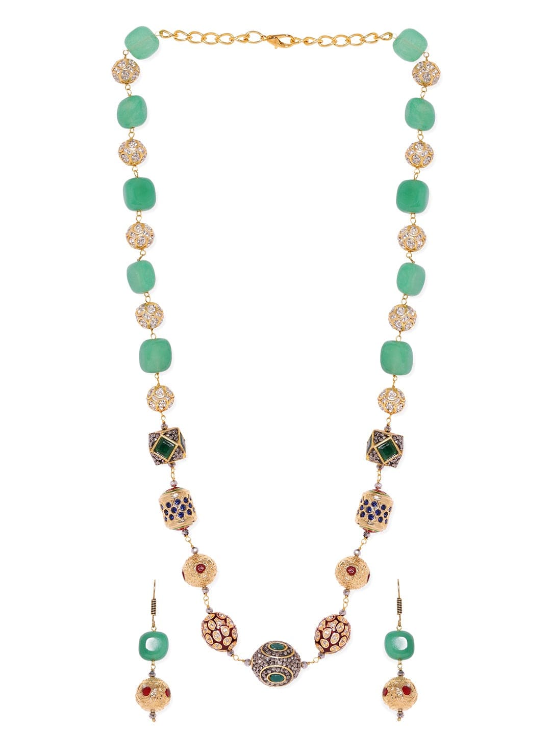 Rubans 22K Gold plated Semi precious Gem Green Aventurine Beaded Zirconia studded Victorian Statement Necklace Set Jewellery Sets