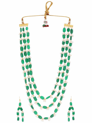 Rubans 22K Gold Plated Semi Precious Green Aventurine Gem Beaded Zirconia studded Tri Layer Statement Necklace Set Jewellery Sets