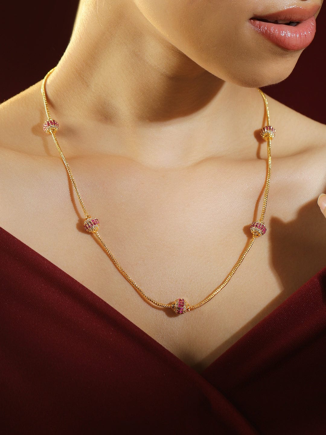 Rubans 22K Gold-Plated Sleek Chain Necklace with Ruby Pink & Cubic Zirconia Encrusted Bead Chain & Necklace