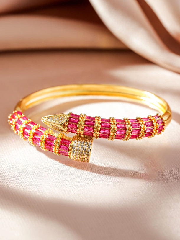 Rubans 22K Gold-Plated Snake Design Luxurious Bracelet with Ruby & Cubic Zirconia Wristwear