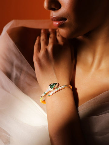 Rubans 22K Gold-Plated Snake Motif Bracelet with Emerald and Cubic Zirconia Bangles & Bracelets