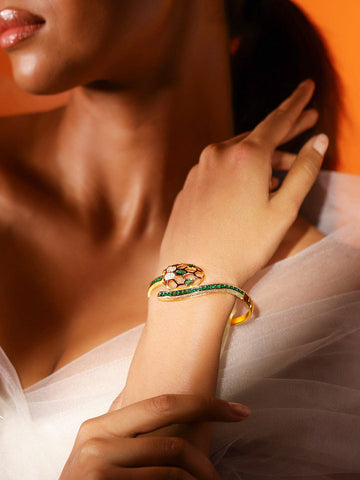 Rubans 22K Gold-Plated Snake Motif Bracelet with Honeycomb Design, Emerald & Zirconia Bangles & Bracelets