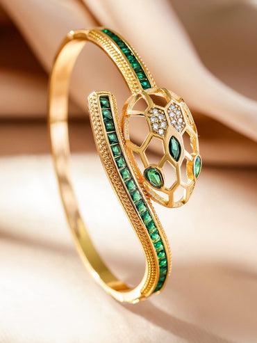 Rubans 22K Gold-Plated Snake Motif Bracelet with Honeycomb Design, Emerald & Zirconia Wristwear