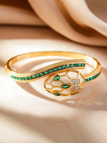 Rubans 22K Gold-Plated Snake Motif Bracelet with Honeycomb Design, Emerald & Zirconia Wristwear