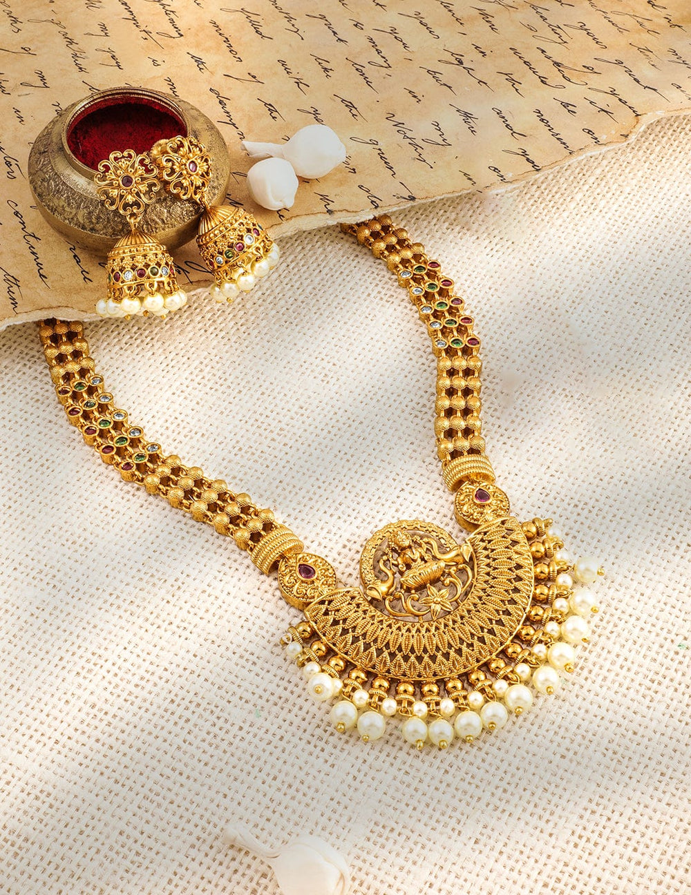 Rubans 22K Gold-Plated Stones Studded & Beaded Jewellery Set Necklace Set