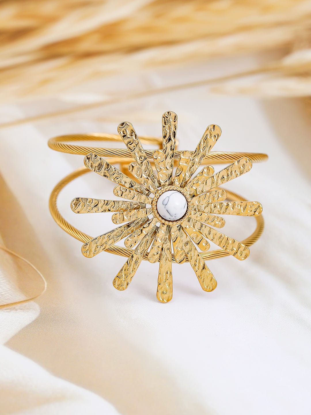 Rubans 22K Gold-Plated Sunburst Cuff Bracelet With White Marble Accent Bracelet