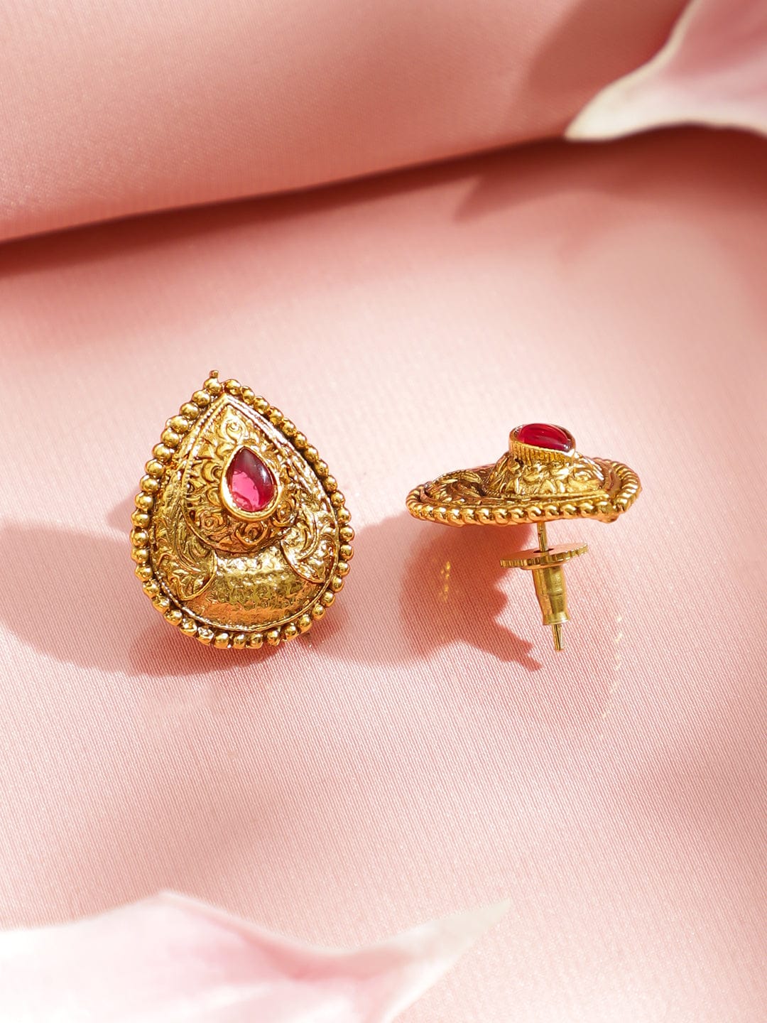 Rubans 22K Gold-Plated Teardrop Ruby Pink Stone Pendant Necklace Set with Earrings Jewellery Set