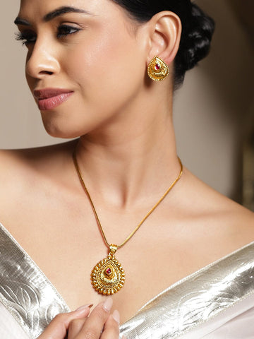 Rubans 22K Gold-Plated Teardrop Ruby Pink Stone Pendant Necklace Set with Earrings Jewellery Set