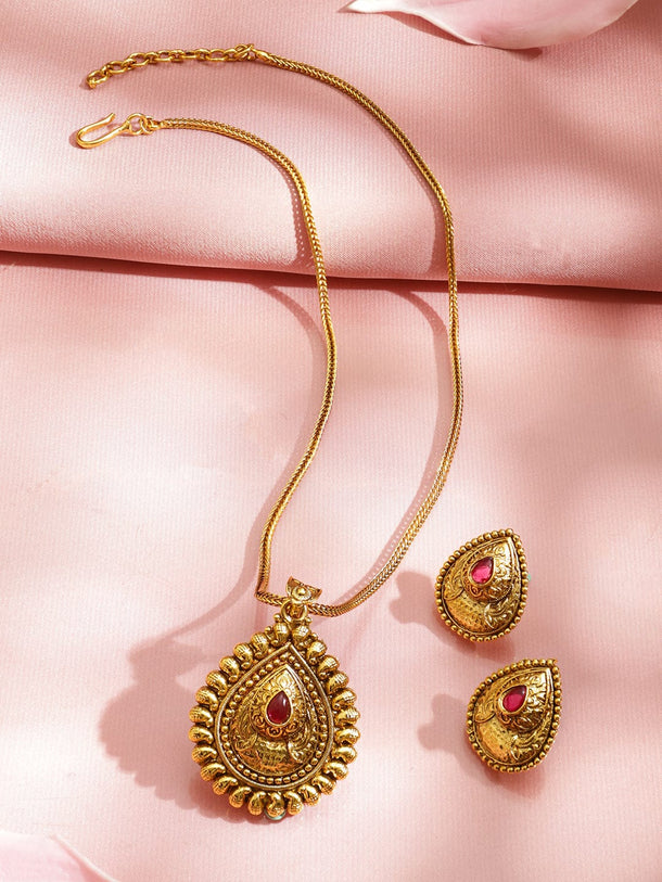 Rubans 22K Gold-Plated Teardrop Ruby Pink Stone Pendant Necklace Set with Earrings Jewellery Set