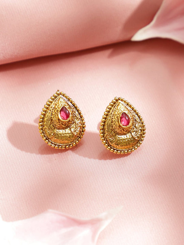 Rubans 22K Gold-Plated Teardrop Ruby Pink Stone Pendant Necklace Set with Earrings Jewellery Set