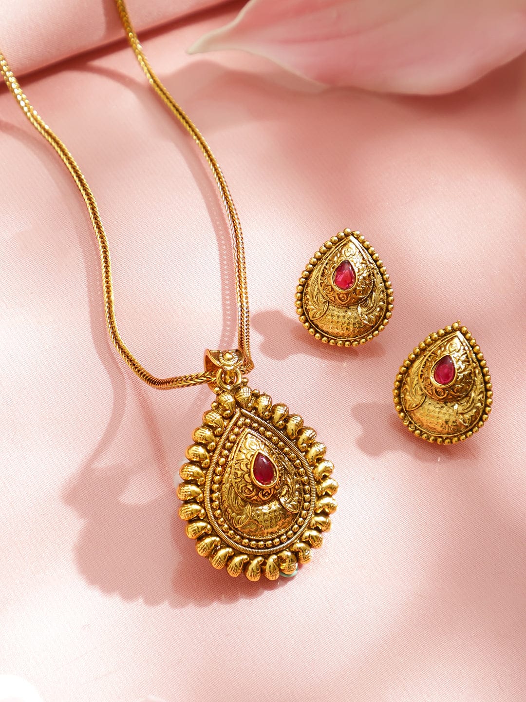 Rubans 22K Gold-Plated Teardrop Ruby Pink Stone Pendant Necklace Set with Earrings Necklaces, Necklace Sets, Chains & Mangalsutra