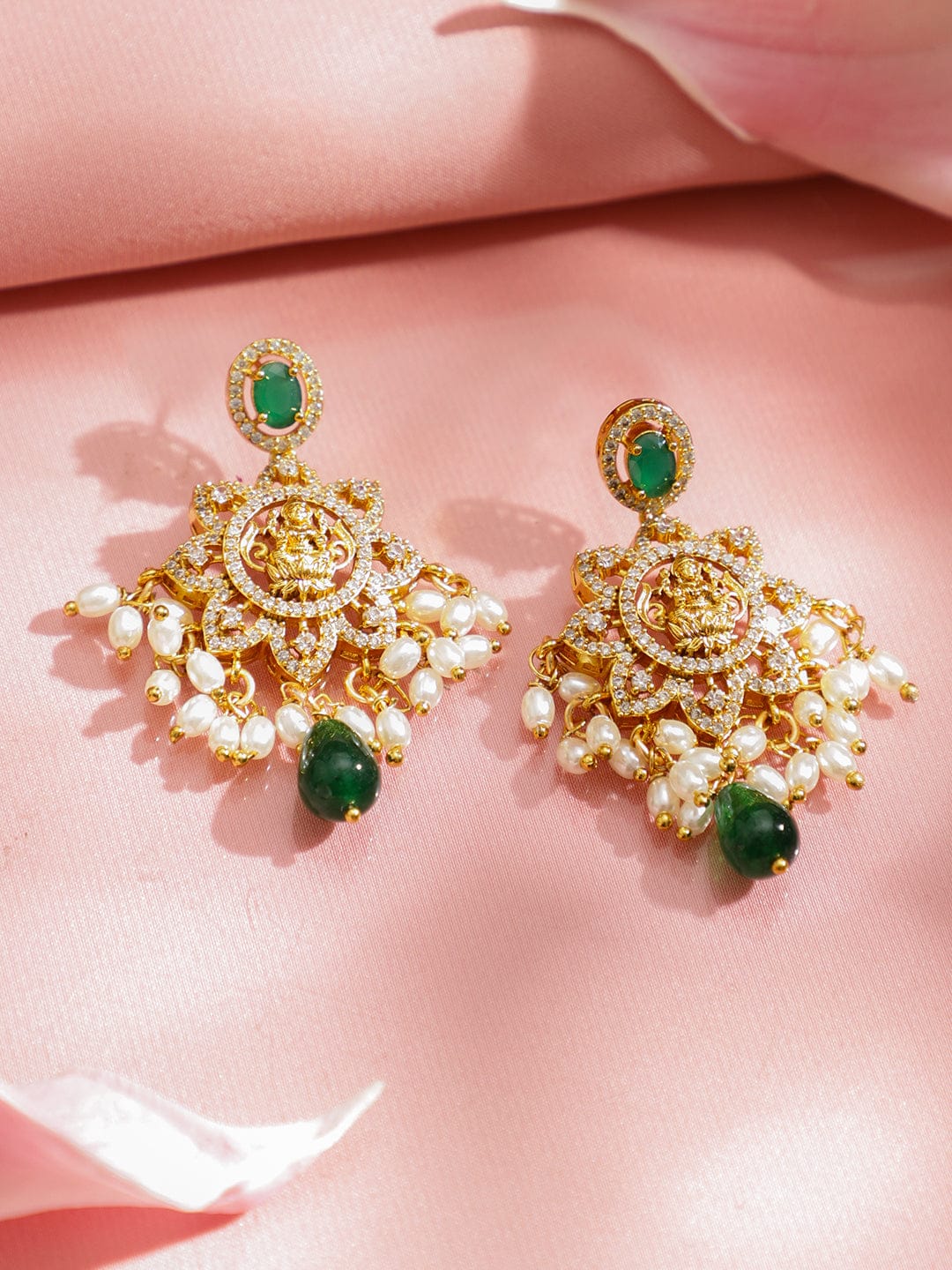 Rubans 22K Gold-Plated Temple Jewellery Set with Emerald  Green Stone, Cubic Zirconia & Pearls Jewellery Set