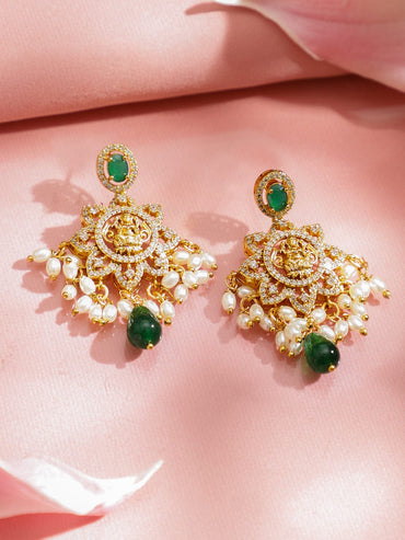 Rubans 22K Gold-Plated Temple Jewellery Set with Emerald  Green Stone, Cubic Zirconia & Pearls Jewellery Set