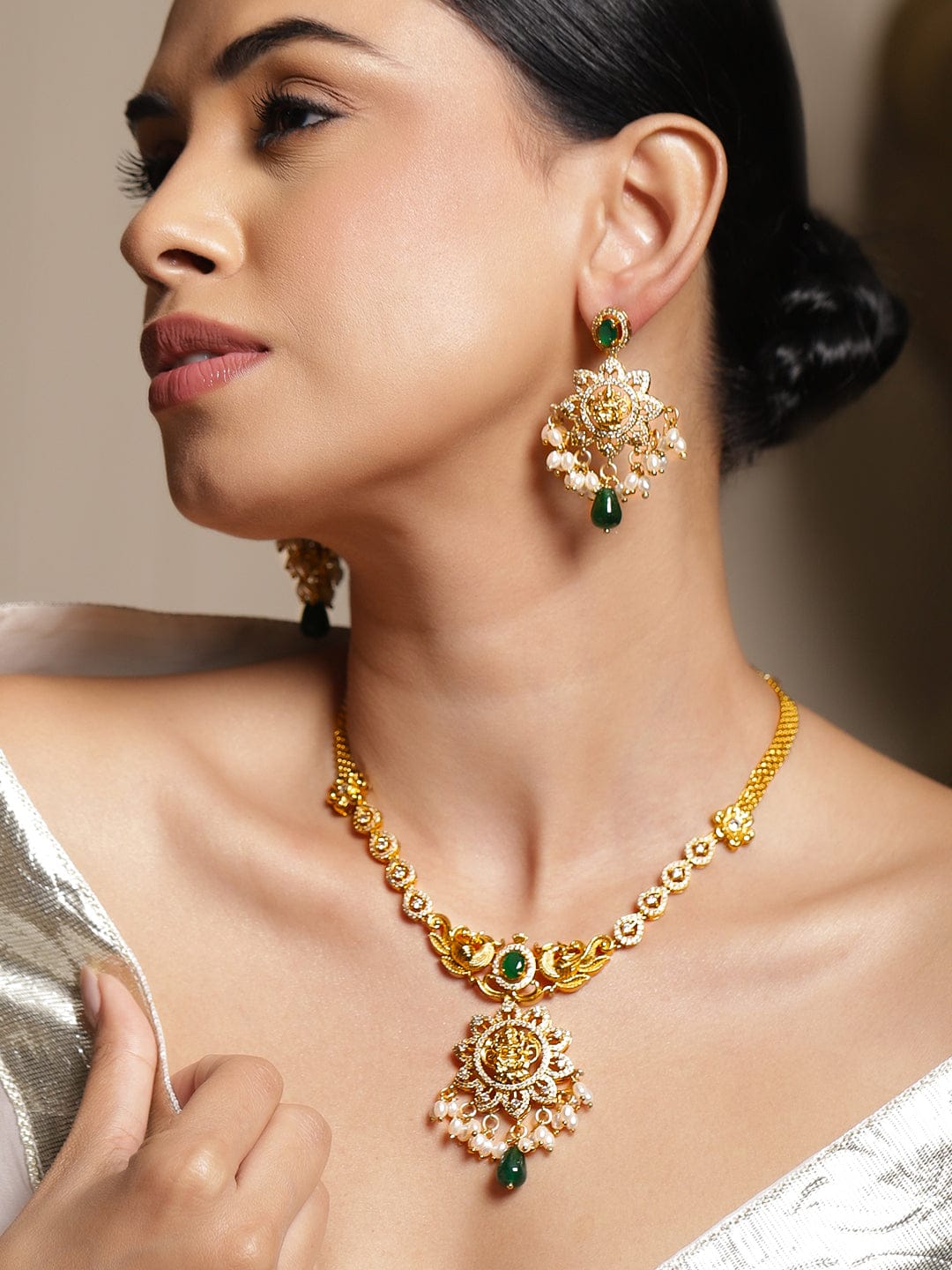 Rubans 22K Gold-Plated Temple Jewellery Set with Emerald  Green Stone, Cubic Zirconia & Pearls Jewellery Set