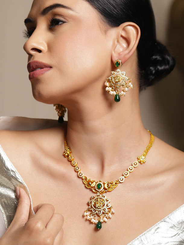Rubans 22K Gold-Plated Temple Jewellery Set with Emerald  Green Stone, Cubic Zirconia & Pearls Necklace Set
