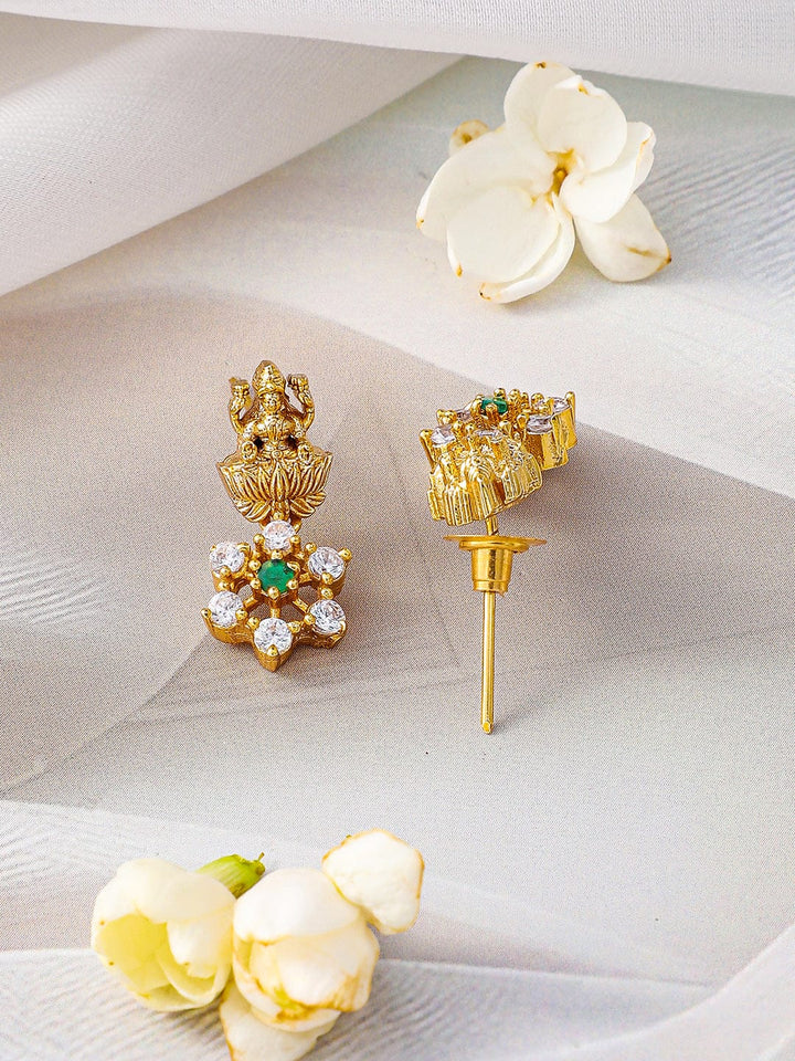 Rubans 22K Gold-Plated Temple Jewellery Set with Lakshmi Motif & Green CZ Floral Accents Jewellery Set