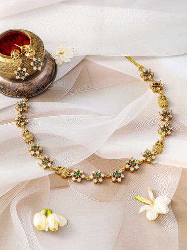 Rubans 22K Gold-Plated Temple Jewellery Set with Lakshmi Motif & Green CZ Floral Accents Jewellery Set