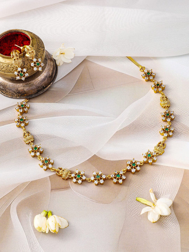 Rubans 22K Gold-Plated Temple Jewellery Set with Lakshmi Motif & Green CZ Floral Accents Jewellery Set
