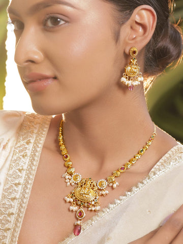 Rubans 22K Gold-Plated Temple Jewellery Set with Ruby, Emerald, Cubic Zirconia & Pearls| Pastel Pink Drops Necklace Set