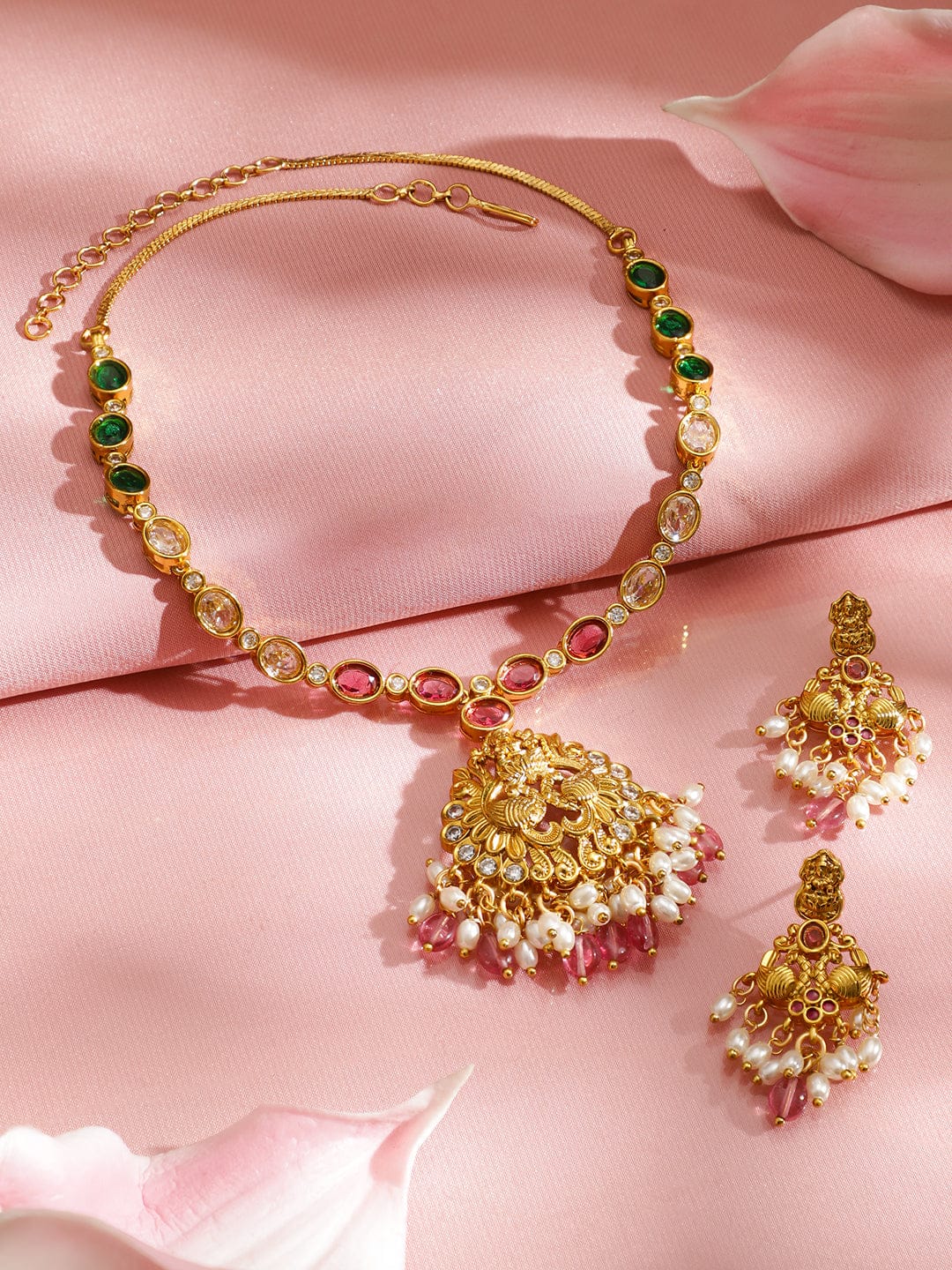 Rubans 22K Gold-Plated Temple Jewellery Set with Ruby Pink, Emerald Green, Cubic Zirconia & Pearls Jewellery Set