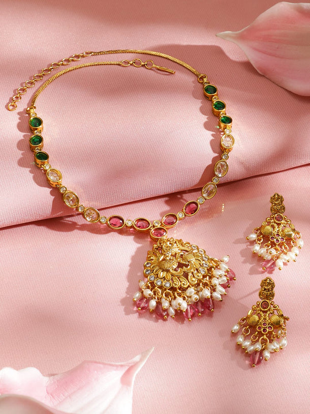 Rubans 22K Gold-Plated Temple Jewellery Set with Ruby Pink, Emerald Green, Cubic Zirconia & Pearls Jewellery Set