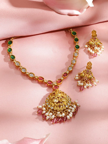 Rubans 22K Gold-Plated Temple Jewellery Set with Ruby Pink, Emerald Green, Cubic Zirconia & Pearls Jewellery Set