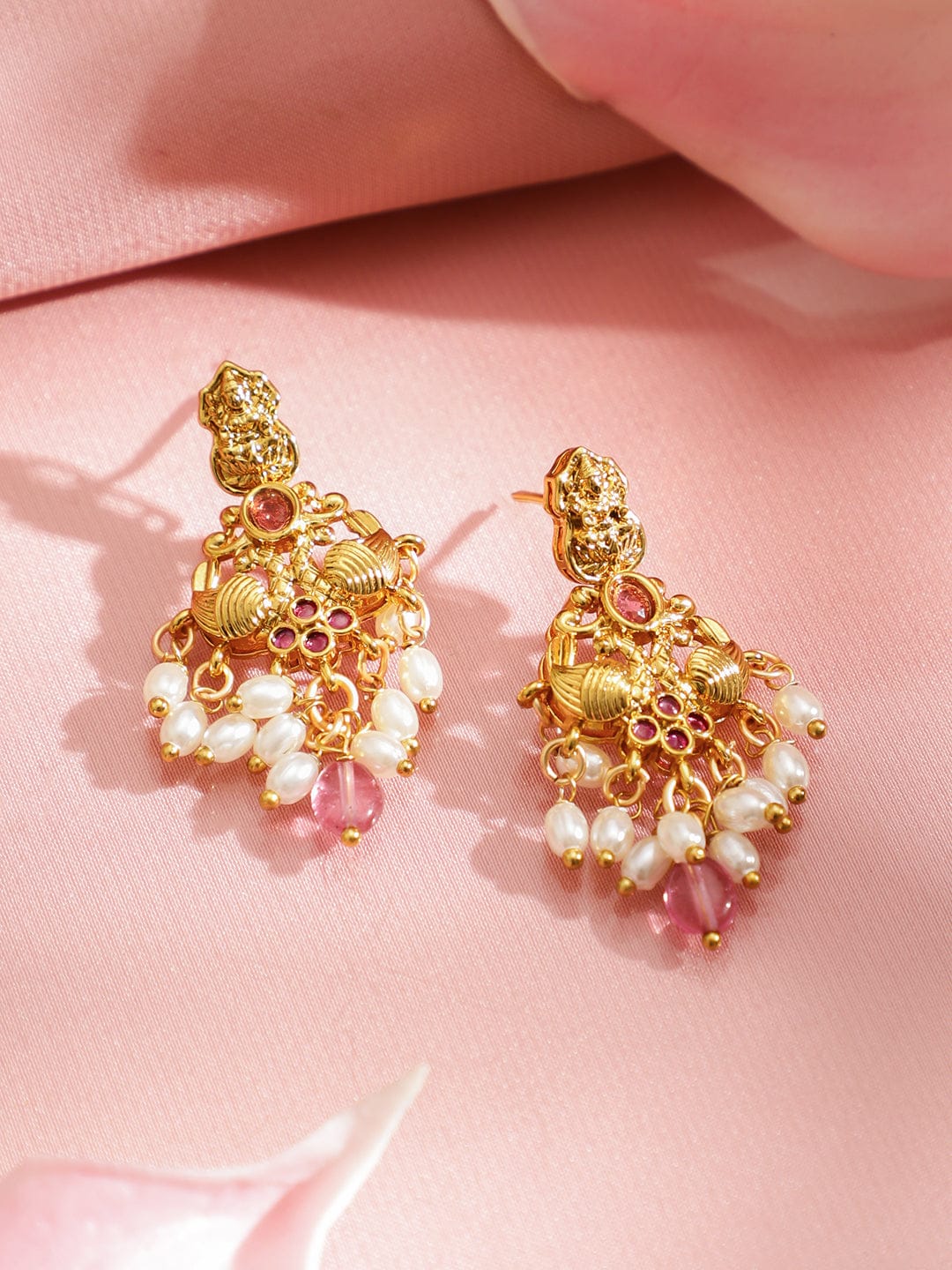 Rubans 22K Gold-Plated Temple Jewellery Set with Ruby Pink, Emerald Green, Cubic Zirconia & Pearls Jewellery Set