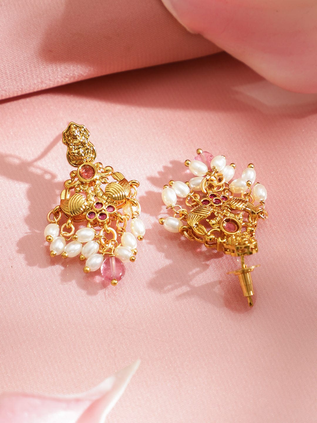 Rubans 22K Gold-Plated Temple Jewellery Set with Ruby Pink, Emerald Green, Cubic Zirconia & Pearls Jewellery Set