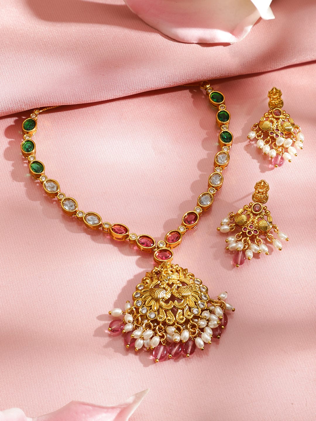 Rubans 22K Gold-Plated Temple Jewellery Set with Ruby Pink, Emerald Green, Cubic Zirconia & Pearls Necklace Set