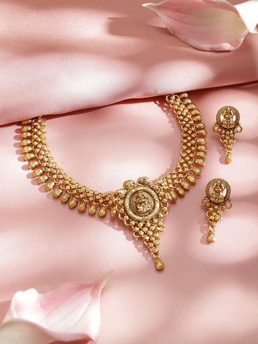 Rubans 22K Gold-Plated Temple Necklace Set with Round Carved Lakshmi Pendant & Earrings Jewellery Set