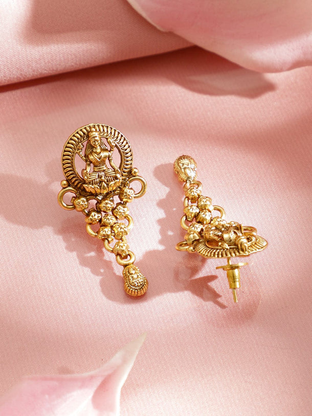 Rubans 22K Gold-Plated Temple Necklace Set with Round Carved Lakshmi Pendant & Earrings Jewellery Set