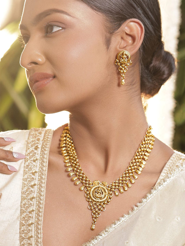 Rubans 22K Gold-Plated Temple Necklace Set with Round Carved Lakshmi Pendant & Earrings Jewellery Set