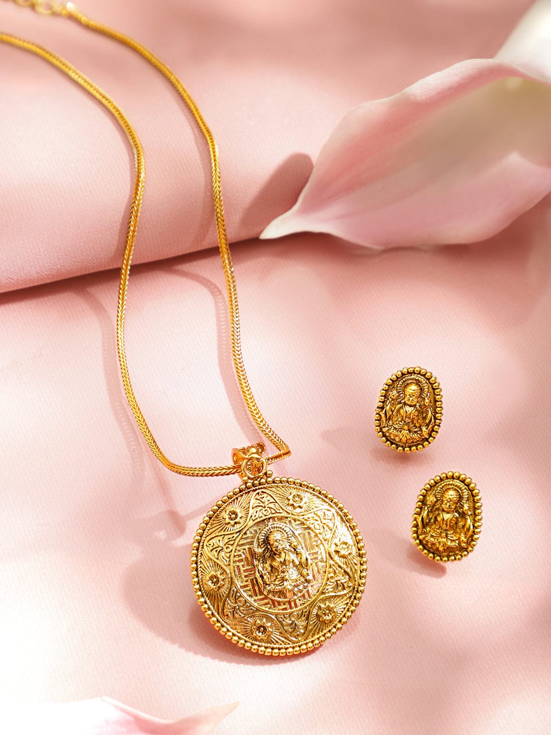 Rubans 22K Gold-Plated Temple Necklace Set with Round Carved Lakshmi Pendant & Earrings Necklaces, Necklace Sets, Chains & Mangalsutra