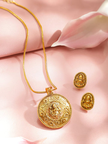 Rubans 22K Gold-Plated Temple Necklace Set with Round Carved Lakshmi Pendant & Earrings Necklaces, Necklace Sets, Chains & Mangalsutra
