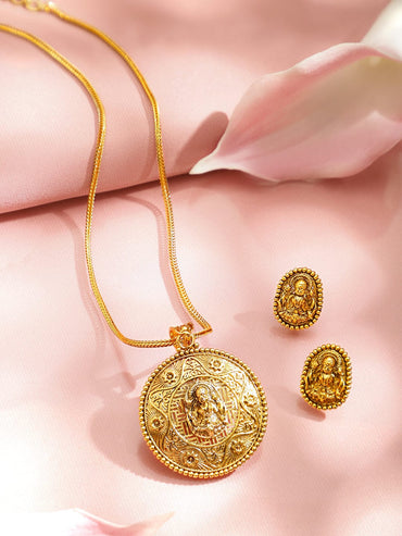 Rubans 22K Gold-Plated Temple Necklace Set with Round Carved Lakshmi Pendant & Earrings Necklaces, Necklace Sets, Chains & Mangalsutra