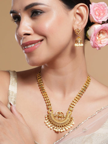 Rubans 22K Gold-Plated Traditional Laskhmi Motifs Temple Jewellery Set with Pearl Drops Jewellery Set