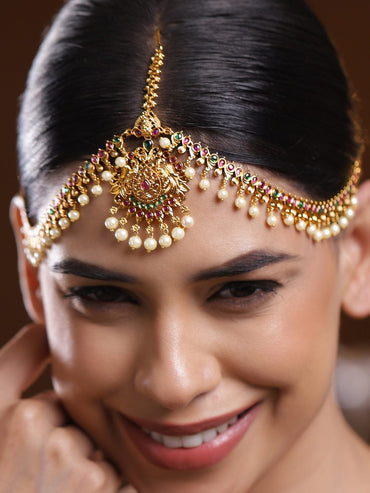 Rubans 22K Gold-Plated Traditional Ruby Green Stone & Pearl Beaded Bridal Matha Patti Head Jewellery