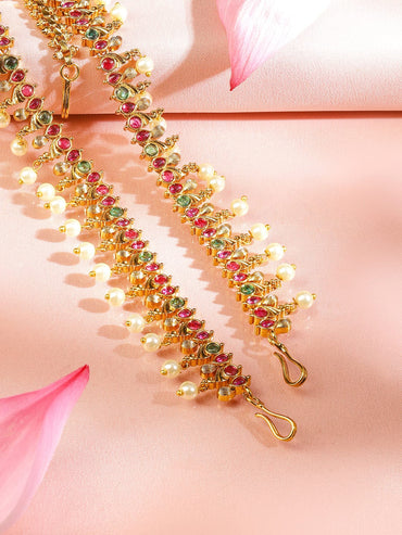 Rubans 22K Gold-Plated Traditional Ruby Green Stone & Pearl Beaded Bridal Matha Patti Head Jewellery