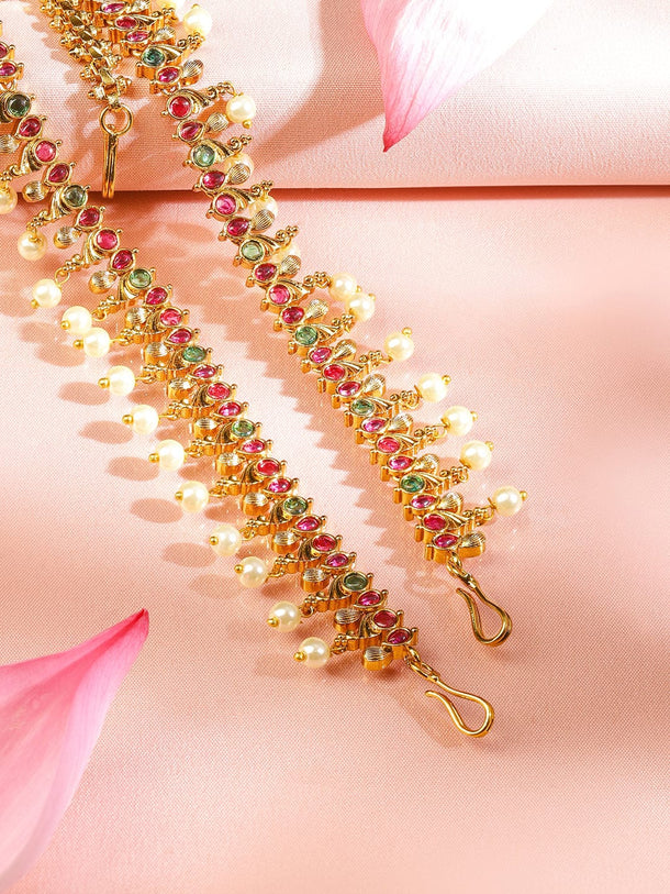 Rubans 22K Gold-Plated Traditional Ruby Green Stone & Pearl Beaded Bridal Matha Patti Head Jewellery