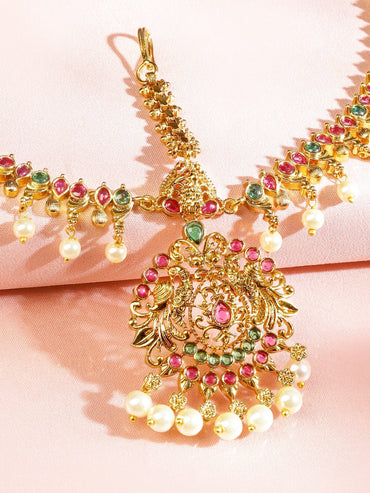 Rubans 22K Gold-Plated Traditional Ruby Green Stone & Pearl Beaded Bridal Matha Patti Head Jewellery