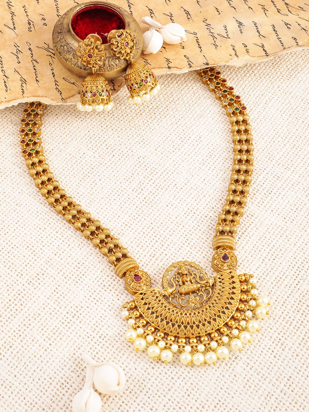 Rubans 22K Gold-Plated Traditional Temple Jewellery Set with Lakshmi Motifs & Pearl Drops Necklace set