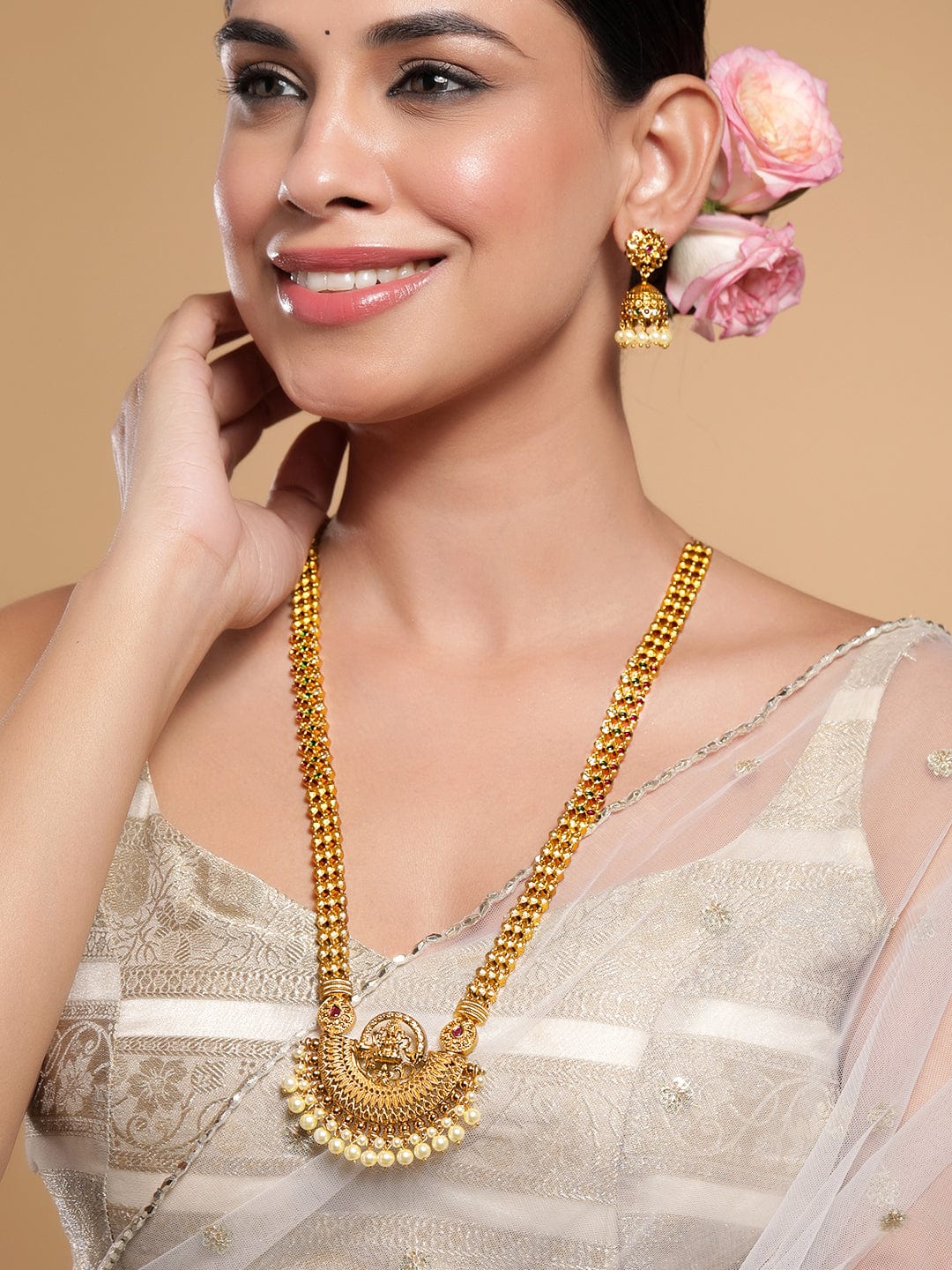 Rubans 22K Gold-Plated Traditional Temple Jewellery Set with Lakshmi Motifs & Pearl Drops Necklace set