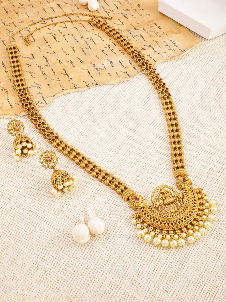 Rubans 22K Gold-Plated Traditional Temple Jewellery Set with Lakshmi Motifs & Pearl Drops Necklace set