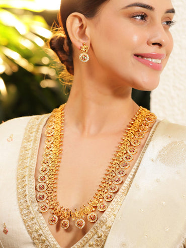 Rubans 22K Gold-Plated Traditional Temple Necklace Set with Ruby, Emerald & Zirconia Accents Necklace Sets