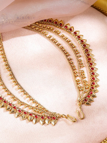 Rubans 22K Gold-Plated Triple Layer Ear Kan Chain with Ruby Pink Stones & Leaf Motif Earrings